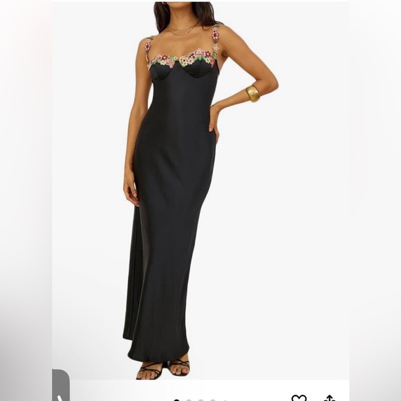 Size XS Sexy Satin Spaghetti Strap Floral Embroidered Maxi Dress for Women - Picture 1 of 2